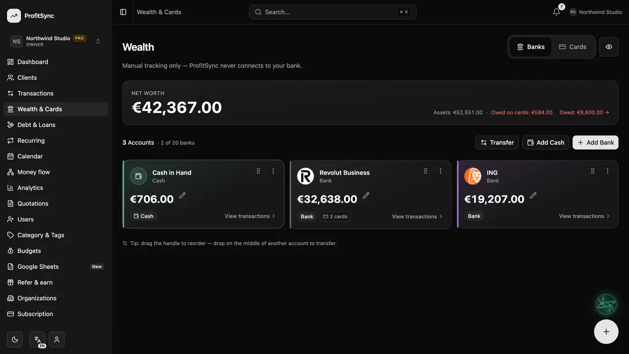 Banks & accounts — step 1: Open Wealth & Cards