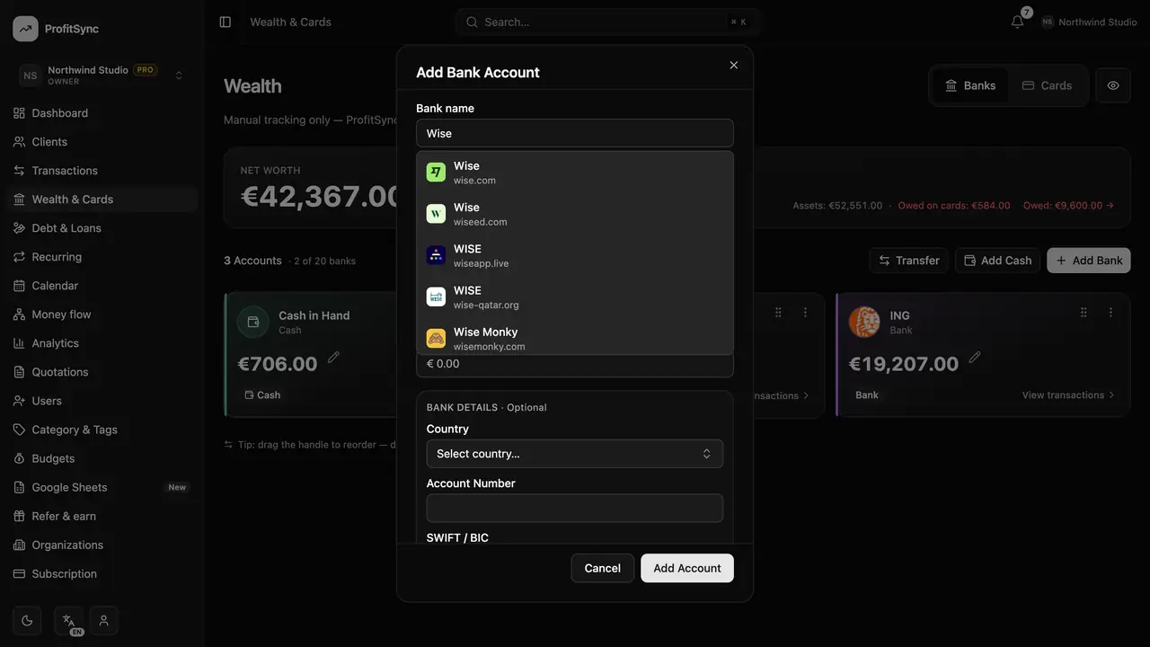 Banks & accounts — step 2: Add a bank