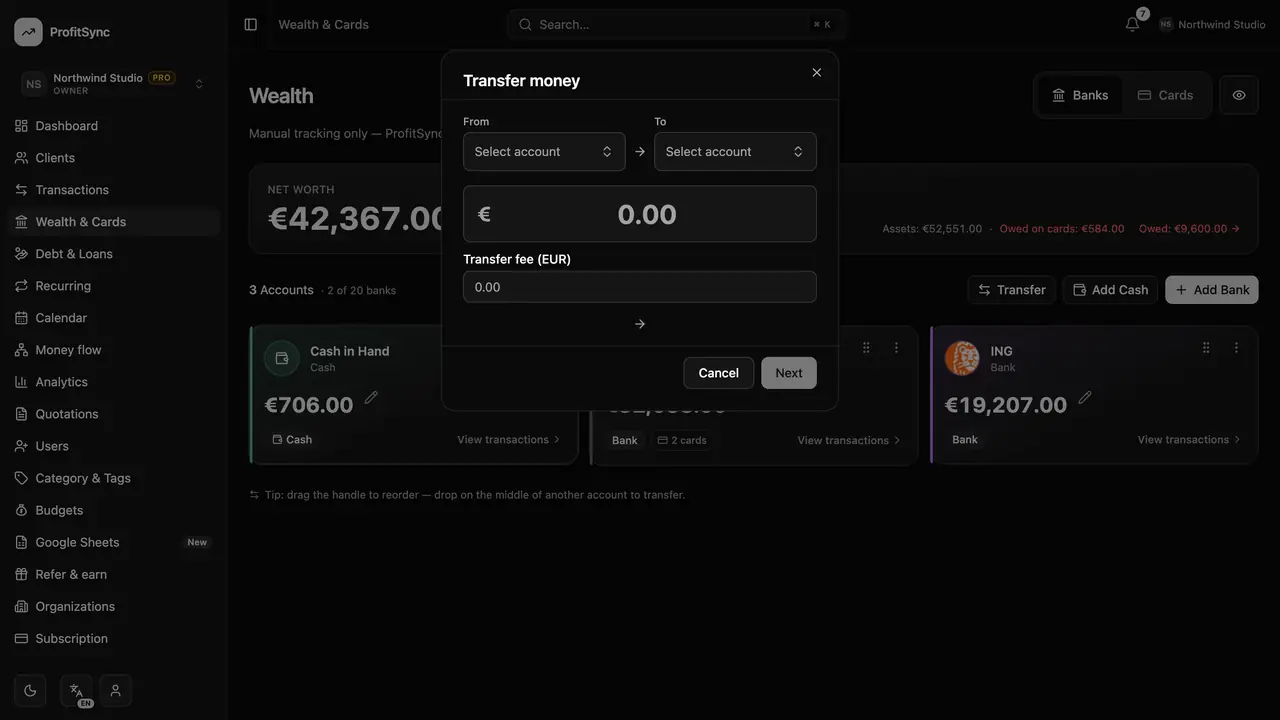 Banks & accounts — step 3: Move money with Transfer
