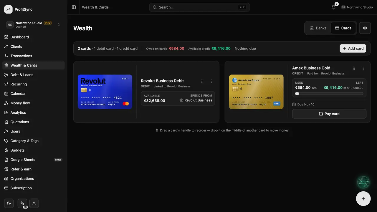 Debit & credit cards — step 1: Open the Cards tab