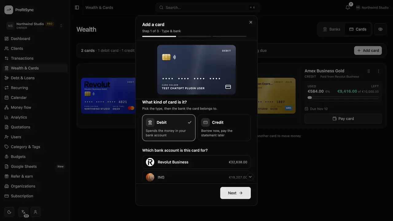 Debit & credit cards — step 2: Add a card