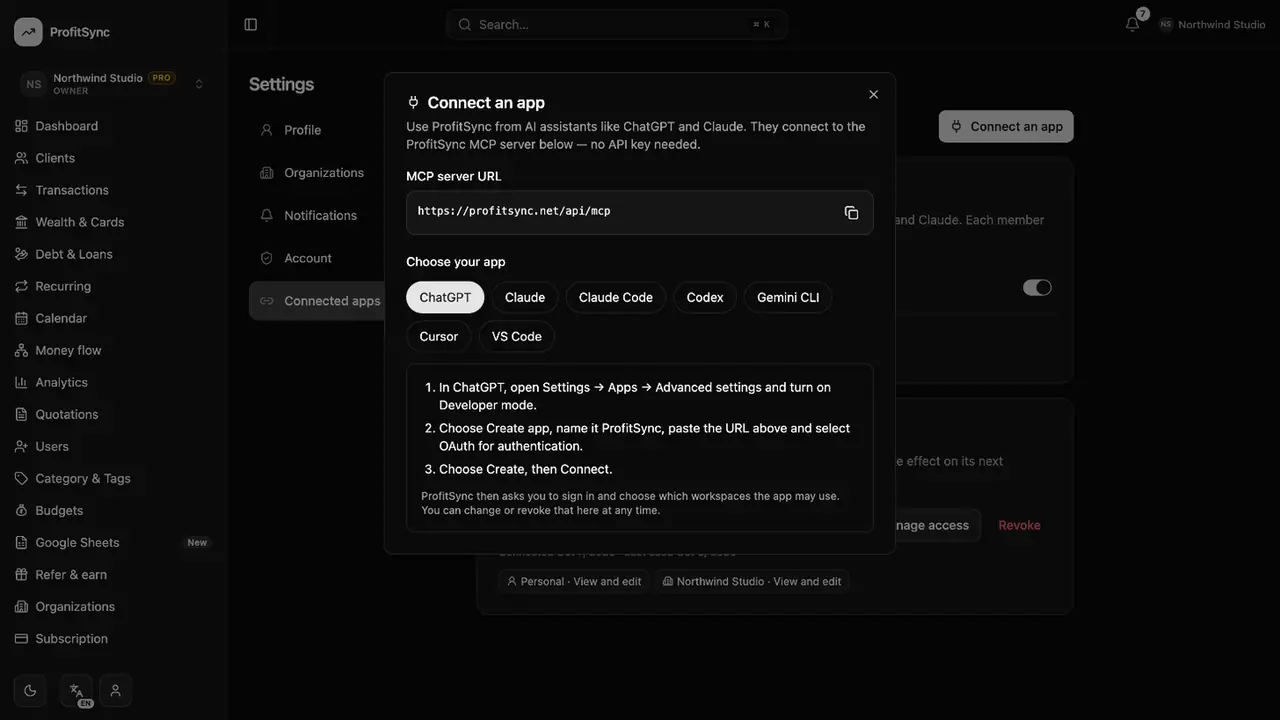 Connect ChatGPT & Claude — step 2: Add ProfitSync to your AI app