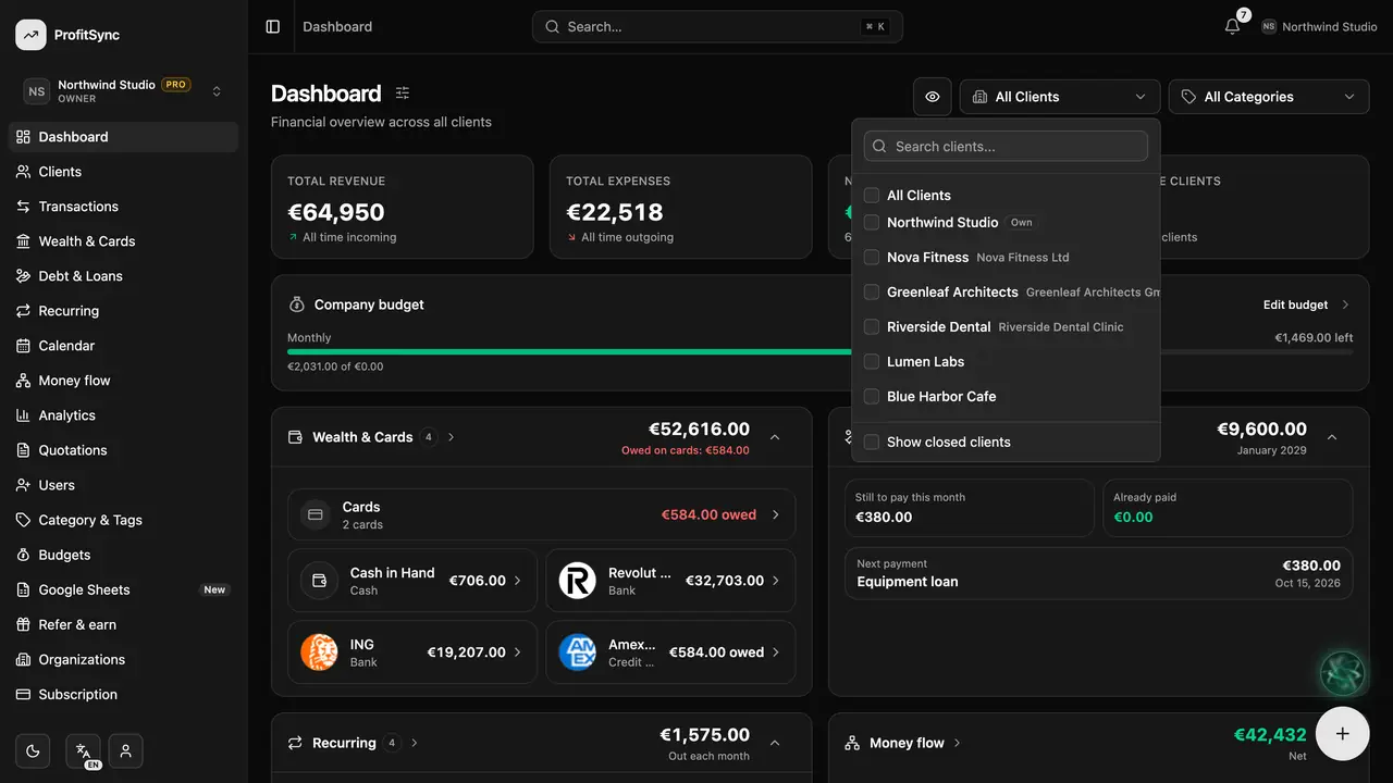 Dashboard — step 2: Filter by client or category