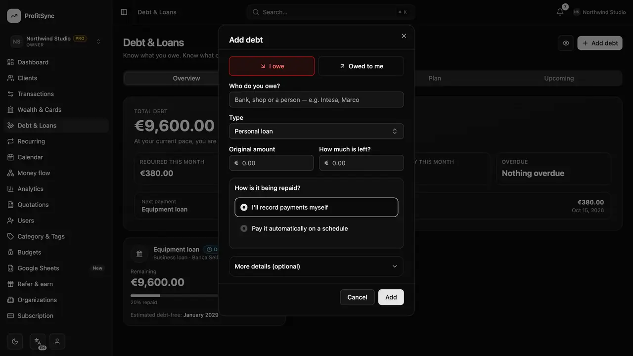 Debt & loans — step 2: Add a debt