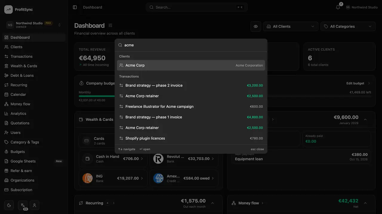Getting started with ProfitSync — step 3: Search anything with ⌘K