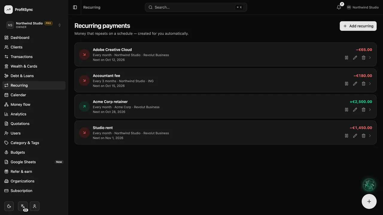 Recurring payments — step 1: Open Recurring