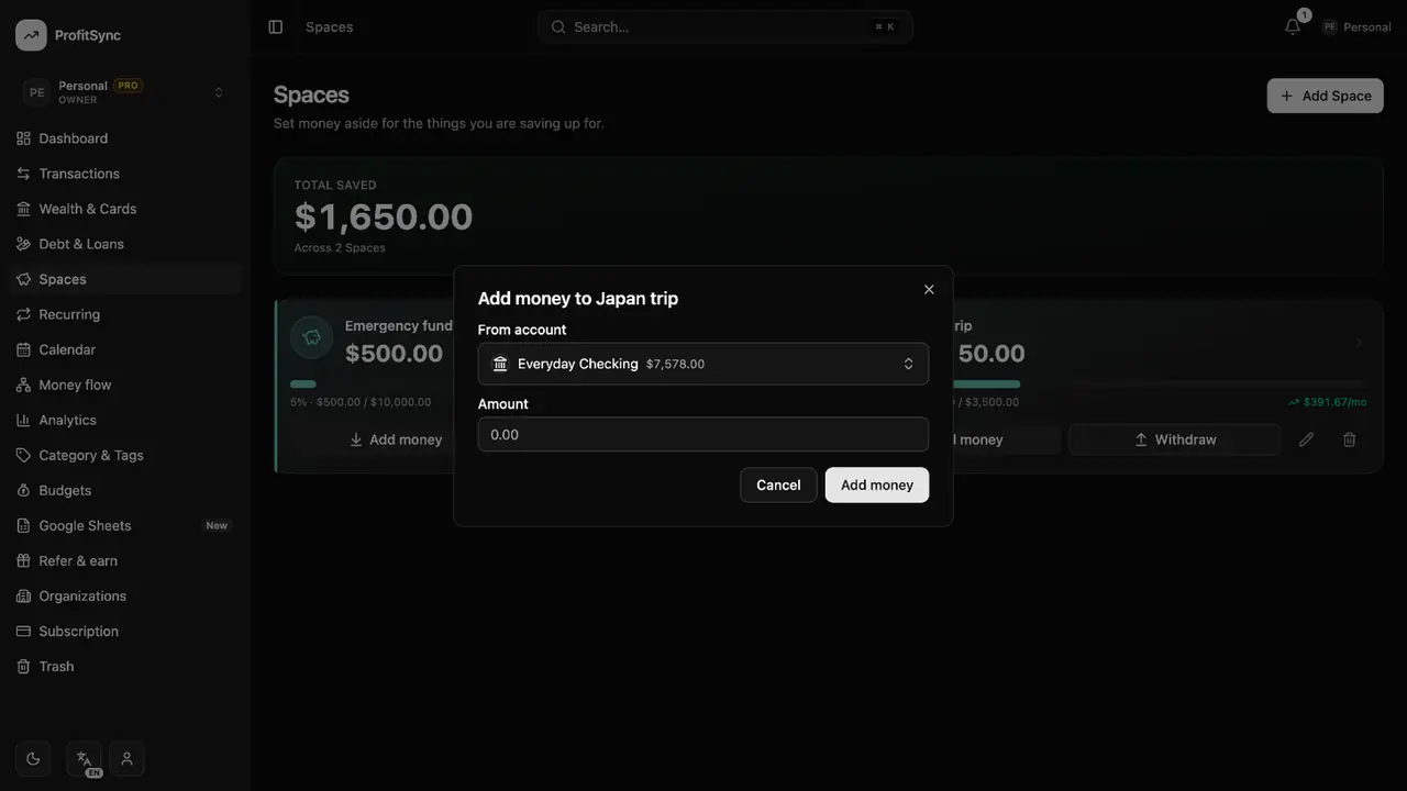 Spaces (savings goals) — step 3: Add money