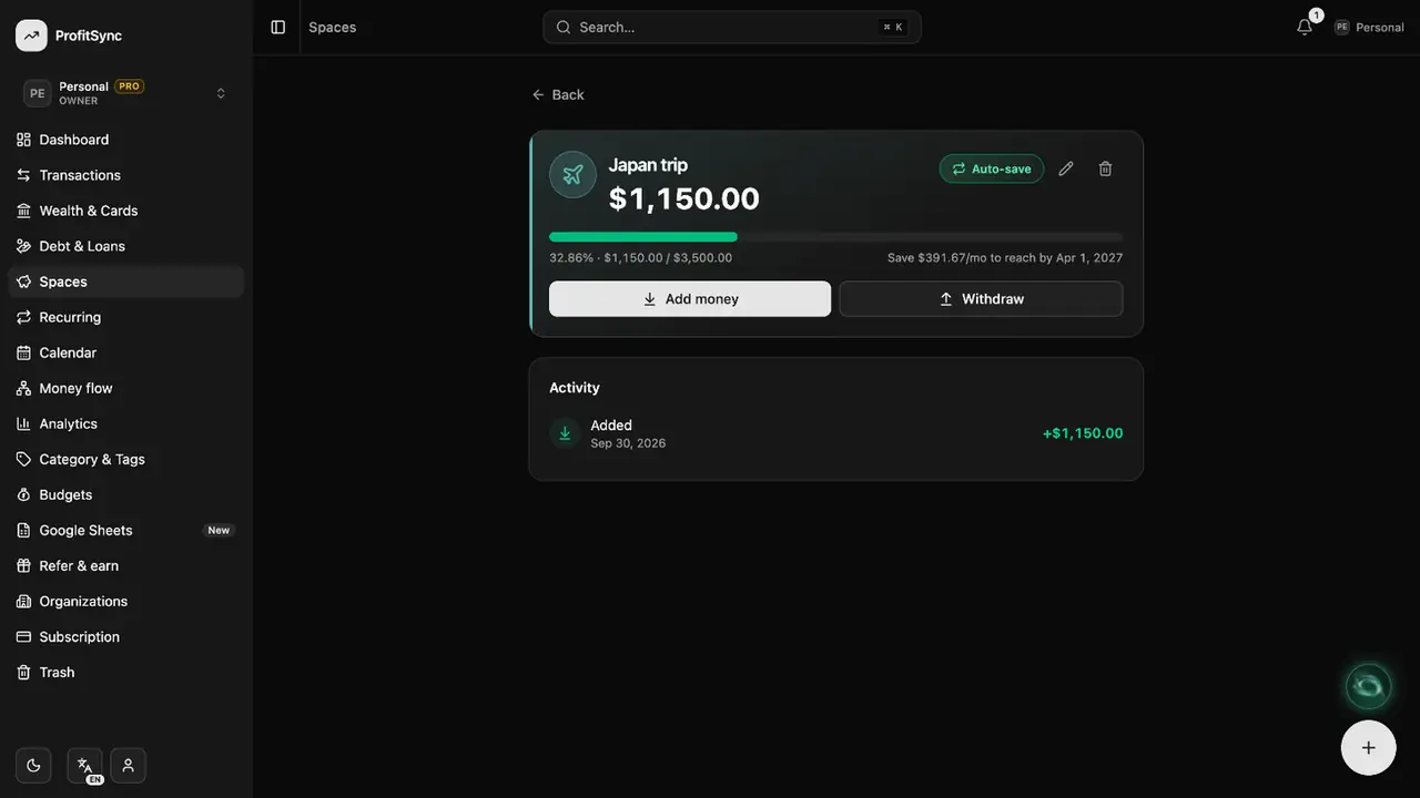 Spaces (savings goals) — step 4: Save automatically