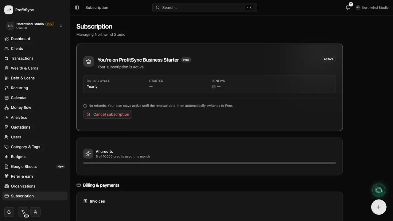 Plans & billing — step 1: Open Subscription