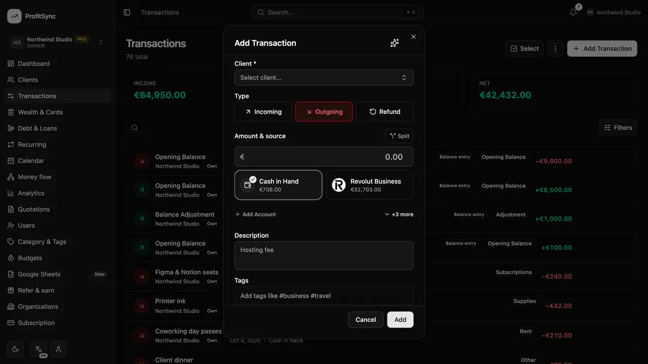 Transactions — step 1: Open Add Transaction