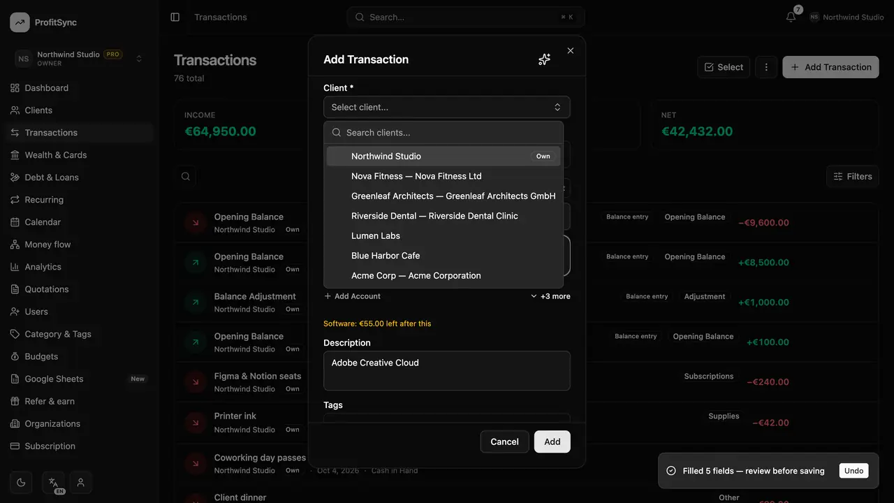 Transactions — step 4: Add the details