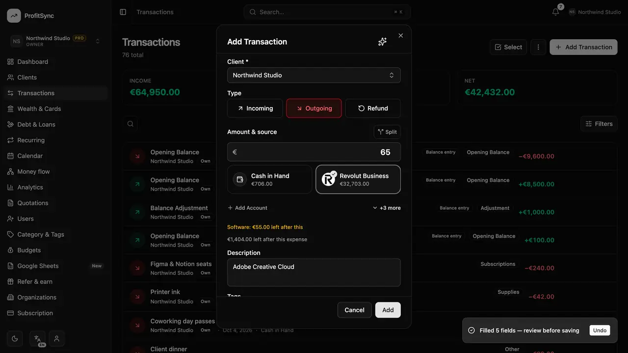 Transactions — step 3: Enter amount and account