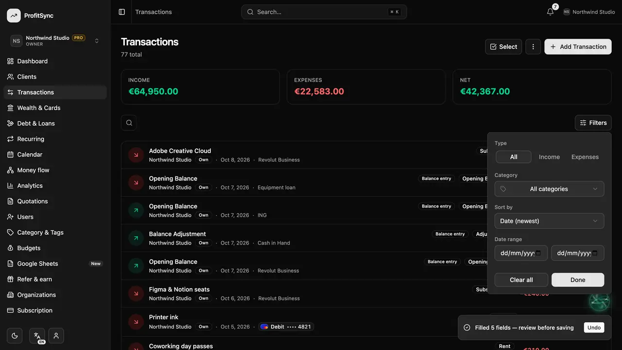 Transactions — step 6: Filter and search